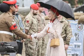 Pictured: Her Royal Highness The Duchess of Gloucester KG GCVO walking around some of the facilities in Southwick Park, and greeting serving Royal Military Police personnel.