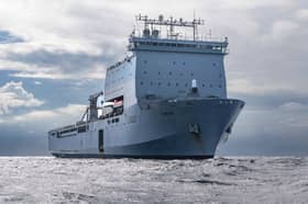 View of RFA Lyme Bay at sea in the Mediterranean. The Bay-class ship has arrived in Cyprus while crews have been undertaking intense training drills.
