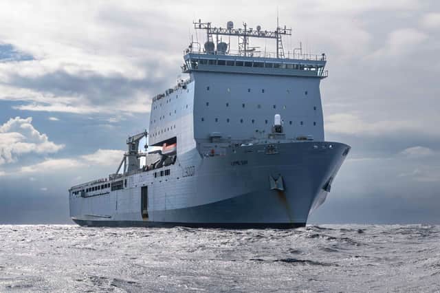 View of RFA Lyme Bay at sea in the Mediterranean. The Bay-class ship has arrived in Cyprus while crews have been undertaking intense training drills.