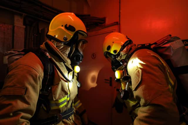 Members of the support party during a firefighting exercise. Ship's company of RFA Lyme Bay have been training with FOST at sea, they have been doing exercises on firefighting, damage control and causality evacuation, preparing them for future operations in the Gulf.