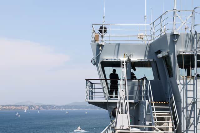 RFA Lyme Bay sails from Toulon, France after embarking the French Navy, their equipment and MMCMS (Maritime Mine Counter Measure System) Sirius.