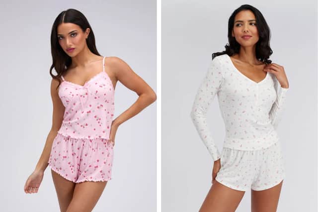 Wild Strawberry Ribbed Short Pyjama Set in Pink Mix and the Heart Floral Modal Short Pyjama Set in Ivory Mix