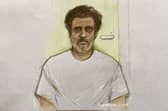 Court artist drawing by Elizabeth Cook of Ajay Pant, captain of the Russian shadow fleet vessel Smyrtos, appearing at Southampton Magistrates' Court by videolink from Bournemouth police station.