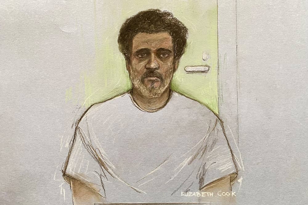 Court artist drawing by Elizabeth Cook of Ajay Pant, captain of the Russian shadow fleet vessel Smyrtos, appearing at Southampton Magistrates' Court by videolink from Bournemouth police station.