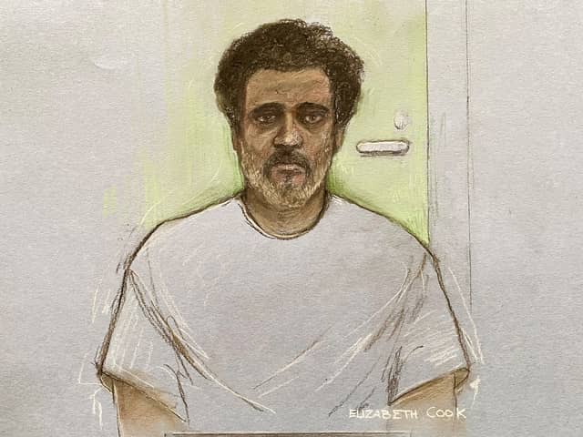 Court artist drawing by Elizabeth Cook of Ajay Pant, captain of the Russian shadow fleet vessel Smyrtos, appearing at Southampton Magistrates' Court by videolink from Bournemouth police station.