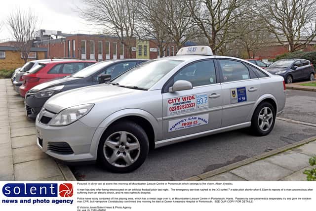 A silver taxi at the Mountbatten Leisure Centre in Portsmouth which belongs to the victim, Albert Xhediku, the day after he was electrocuted