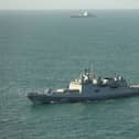 The Admiral Grigorovich passes through the Channel, shadowed by RFA Tideforce