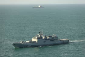 The Admiral Grigorovich passes through the Channel, shadowed by RFA Tideforce