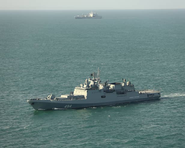 The Admiral Grigorovich passes through the Channel, shadowed by RFA Tideforce