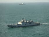 The Admiral Grigorovich passes through the Channel, shadowed by RFA Tideforce