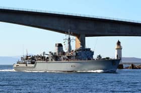HMS Middleton sailing under the Skye bridge on her first set of operations around the UK after returning from the Middle East.