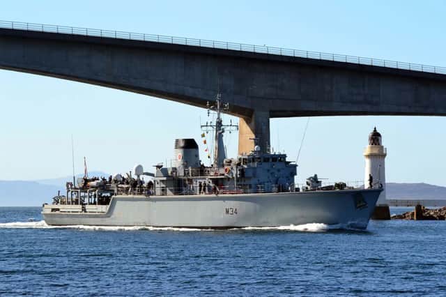 HMS Middleton sailing under the Skye bridge on her first set of operations around the UK after returning from the Middle East.