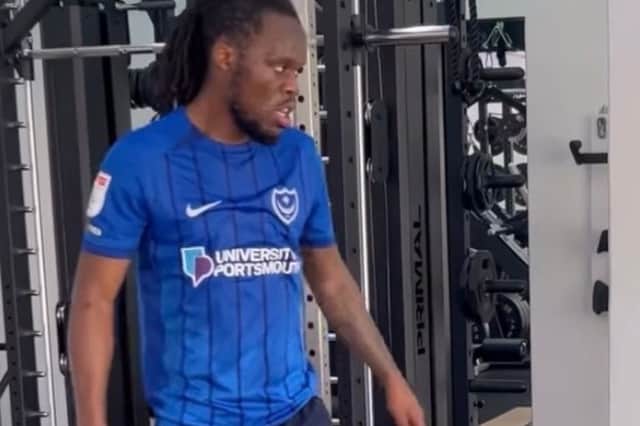 Oxford United's Peter Kioso wearing a Pompey shirt in a gym session published on Instagram yesterday