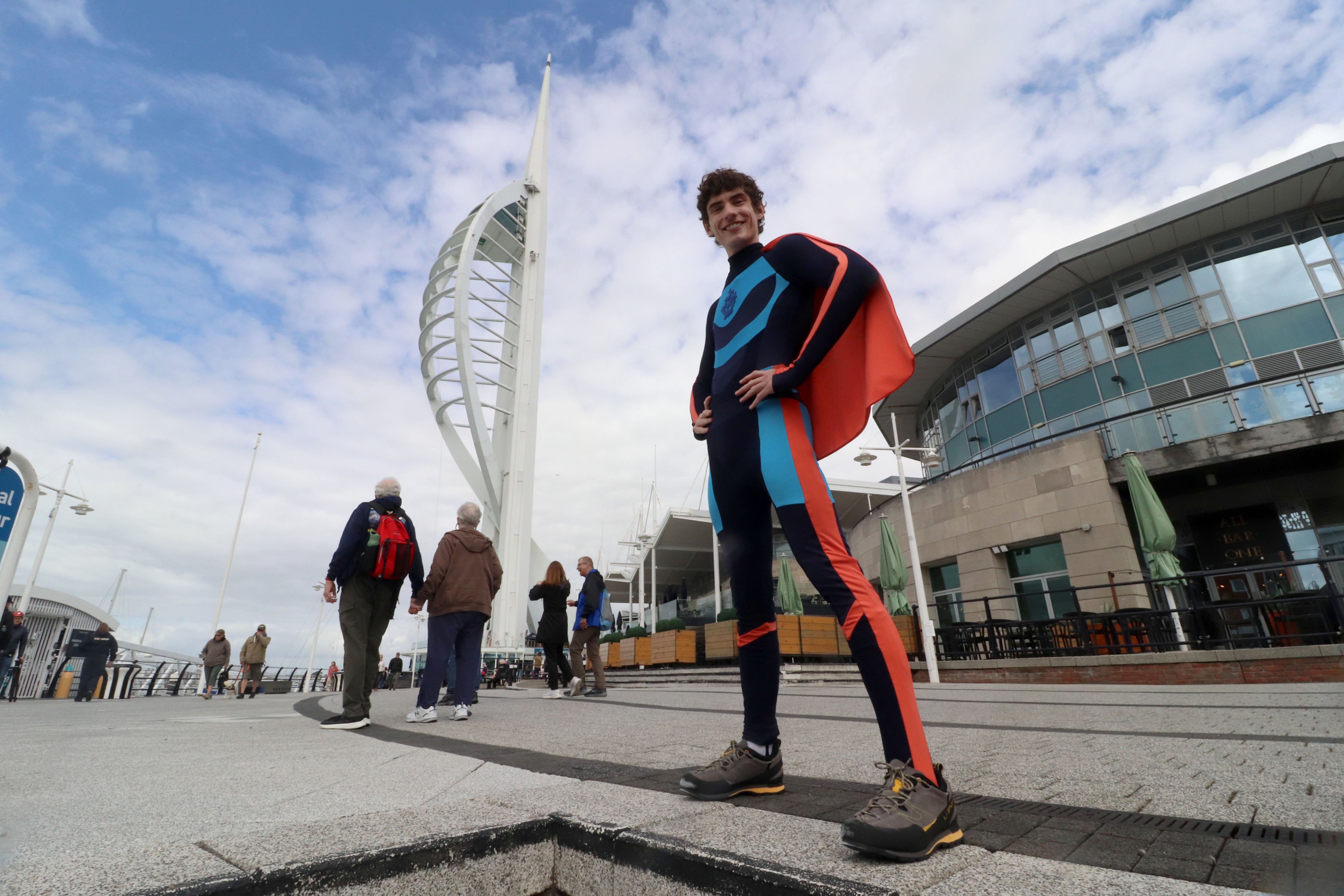 Blue Peter presenter Joel Mawhinney scales Spinnaker Tower using suction cups as part of Superhero Challenge