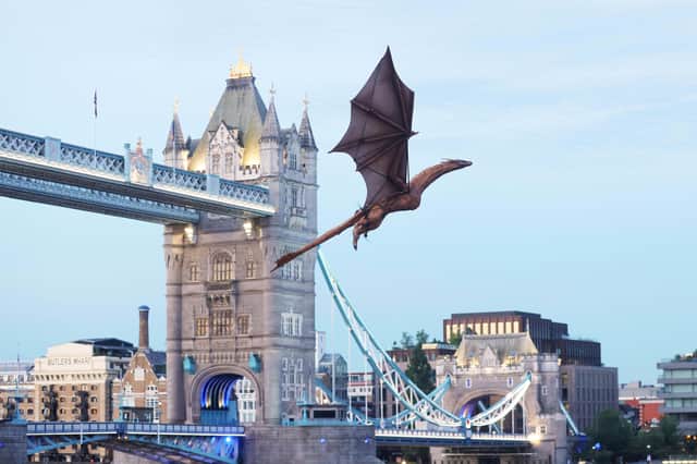 The dragon features 23 moving parts and flew using impellers built into its legs to create lifelike motion