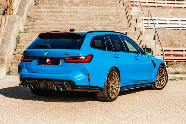 The Laguna Seca Blue BMW combines 550bhp performance with the practicality of a Touring, while the winner can instead choose £100,000 in cash