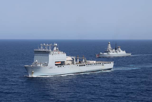 RFA Lyme Bay (centre), and HMS Dragon (right), linked up in the Middle East ahead of a possible Strait of Hormuz mission.