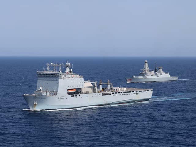 RFA Lyme Bay (centre), and HMS Dragon (right), linked up in the Middle East ahead of a possible Strait of Hormuz mission.