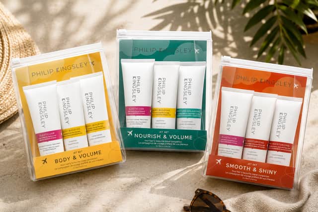 Three Philip Kingsley Jet Set travel kits - Body & Volume, Nourish & Volume and Smooth & Shiny, offering tailored haircare solutions for different hair types in convenient travel-sized formats.