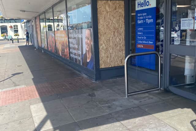 The boarded up Tesco in Albert Road, Southsea, after a thief broke smashed in and stole alcohol 