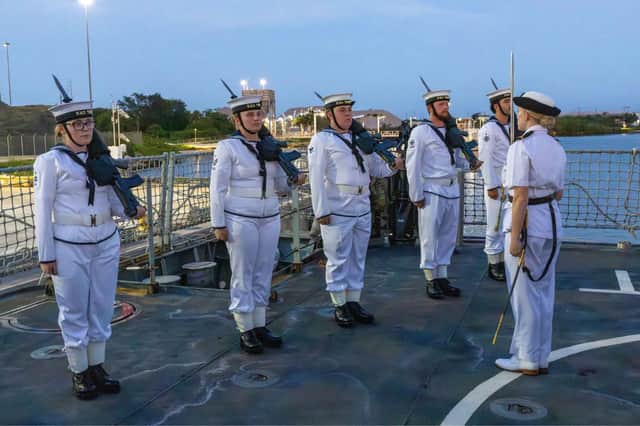 HMS Trent's Guard on her flight deck during Ceremonial Sunset