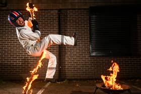 Johnny Fish in preparation for the stunt that will see him descend 85 foot down a burning rope in a record breaking attempt.  While practising last night the rope burnt through in just over a minute sending Johnny to the ground
