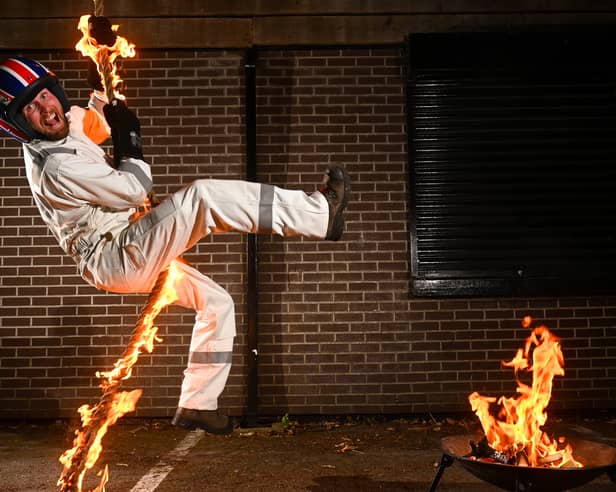 Johnny Fish in preparation for the stunt that will see him descend 85 foot down a burning rope in a record breaking attempt.  While practising last night the rope burnt through in just over a minute sending Johnny to the ground