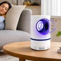 The fan-powered indoor trap uses ultraviolet light and targeted airflow to capture fruit flies and other small flying insects