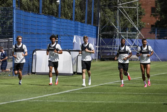 Pictured on Monday for Pompey’s pre-season return - rehabbing players from left to right: Jacob Farrell, Tayo Singerr, Zak Swanson, Ebou Adams and Josh Murphy. Picture: Habibur Rahman