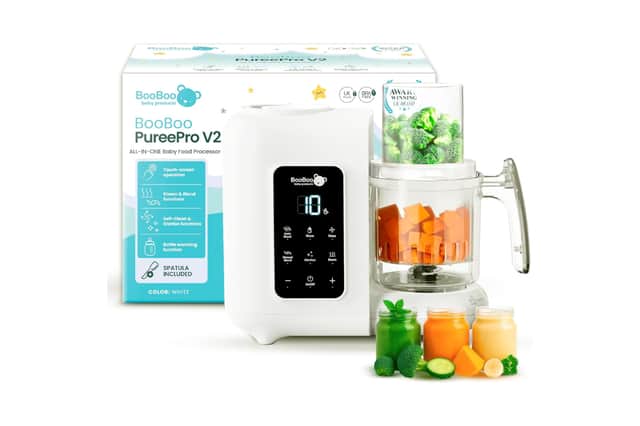 The BooBoo Baby PuréePro steams, blends, warms bottles and sterilises feeding accessories in one compact appliance