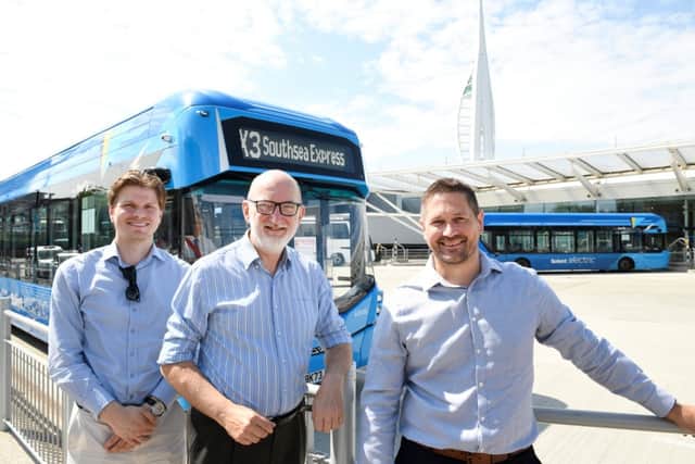 First Bus X3 Express 2: Cllr Candlish (centre) with George Burton and Mark Lovell, Head of Operations at The Hard Interchange, Portsmouth.