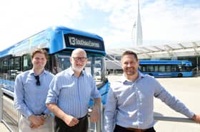 First Bus X3 Express 2: Cllr Candlish (centre) with George Burton and Mark Lovell, Head of Operations at The Hard Interchange, Portsmouth.