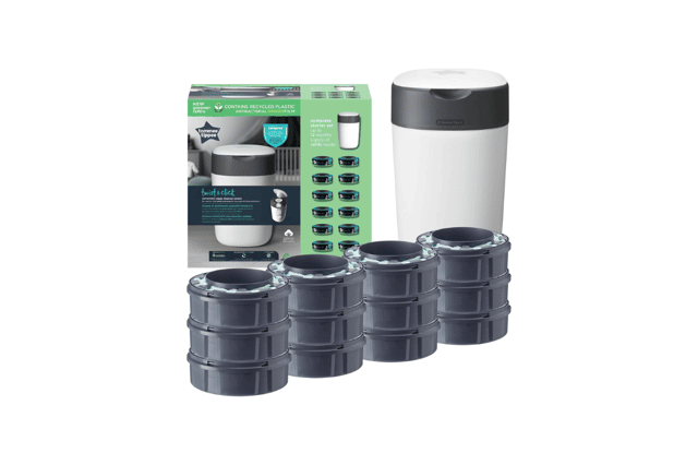 The Tommee Tippee Twist and Click Starter Set includes the nappy bin and 12 refill cassettes to help parents get started