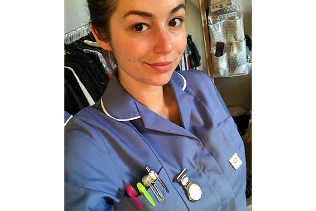 Jennifer "Jenn" Porter, who died by suicide aged 33, in her nurse uniform. Her sister Josie is talking about her death in order to raise awareness of the signs of addiction