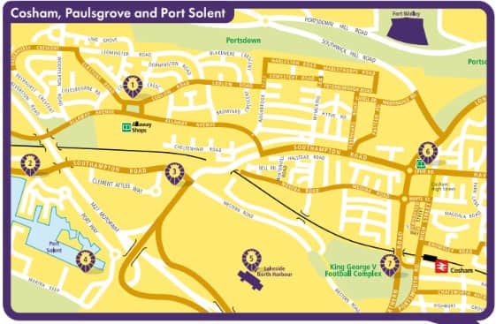 The Pride of Portsmouth: Cosham, Paulsgrove and Port Solent map of the Portsmouth100 lion trail