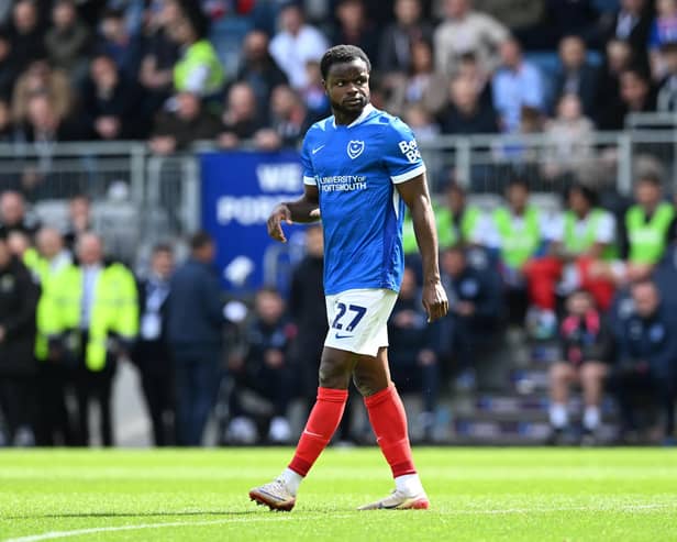 Millenic Alli (27) of Portsmouth during the EFL Sky Bet Championship match between Portsmouth and Leicester City at Fratton Park, Portsmouth, UK on 18 April 2026.