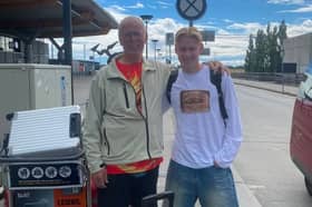 Rocco Shein (right) leaves Norway ahead of his Pompey arrival. Shein is pictured here with FFK driver Eystein Gangfløt. 
