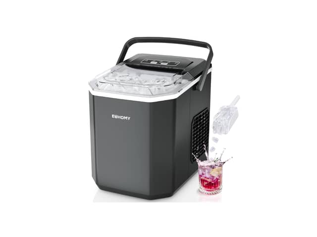 The EUHOMY countertop ice maker can quickly produce bullet-shaped ice cubes for cold drinks at home