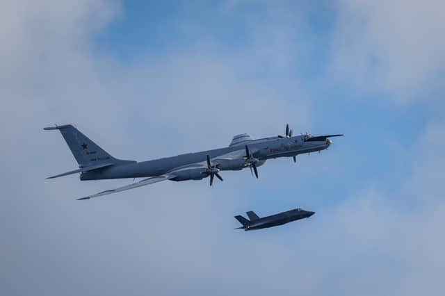 An F-35B fighter launched from HMS Prince of Wales intercept a Russian Tupolev Tu-142 maritime reconnaissance and anti-submarine warfare (ASW) aircraft, NATO name 'Bear'.