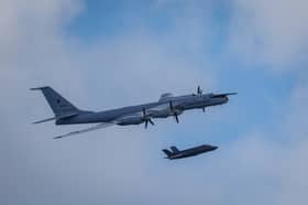 An F-35B fighter launched from HMS Prince of Wales intercept a Russian Tupolev Tu-142 maritime reconnaissance and anti-submarine warfare (ASW) aircraft, NATO name 'Bear'.