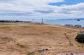 Still from a video by My Portsmouth By Drone showing an arid Southsea Common - July 6, 2026