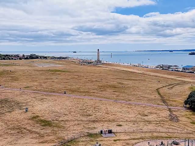 Still from a video by My Portsmouth By Drone showing an arid Southsea Common - July 6, 2026