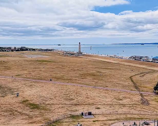 Still from a video by My Portsmouth By Drone showing an arid Southsea Common - July 6, 2026