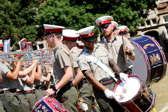 Royal Marines Band Service musicians braving the hot temperatures as they gear up for Beating Retreat.