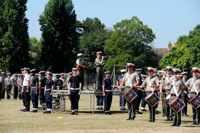 Beating Retreat rehearsals at HMS Excellent on Whale Island.