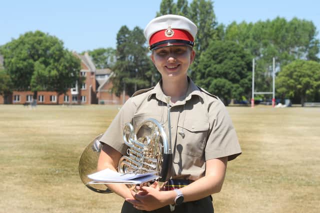 Pictured is: Musician Emma Sims, born in Portsmouth, passed out full training in January and will be performing in her first Beating the Retreat.