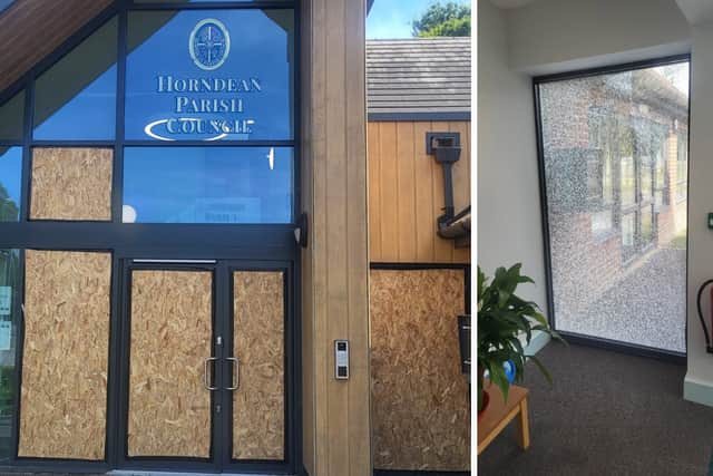The damage caused to the Horndean Parish Council building, Jubilee Hall, Church Lane.