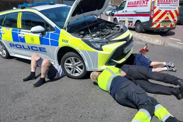 A snake made a Gosport police car its home for the afternoon.