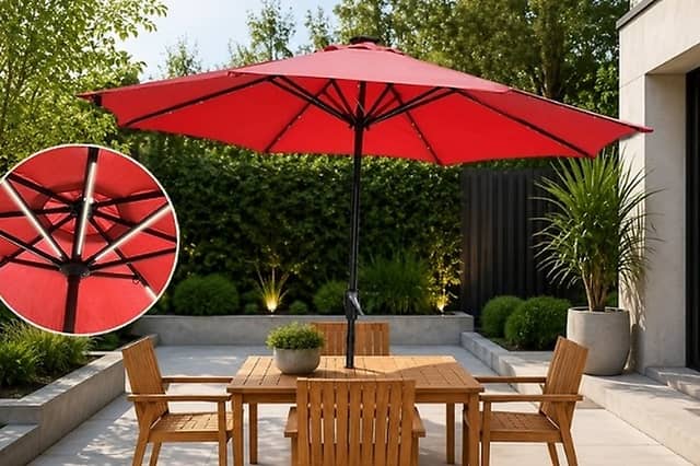 The 9ft Solar LED Patio Crank Parasol is designed to provide shade during the day and built-in lighting after sunset