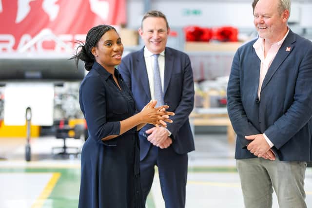 Kemi Badenoch visits Windracers, Segensworth, Fareham. Windracers make heavy-lifting drones Picture: Chris Moorhouse (100726-27)